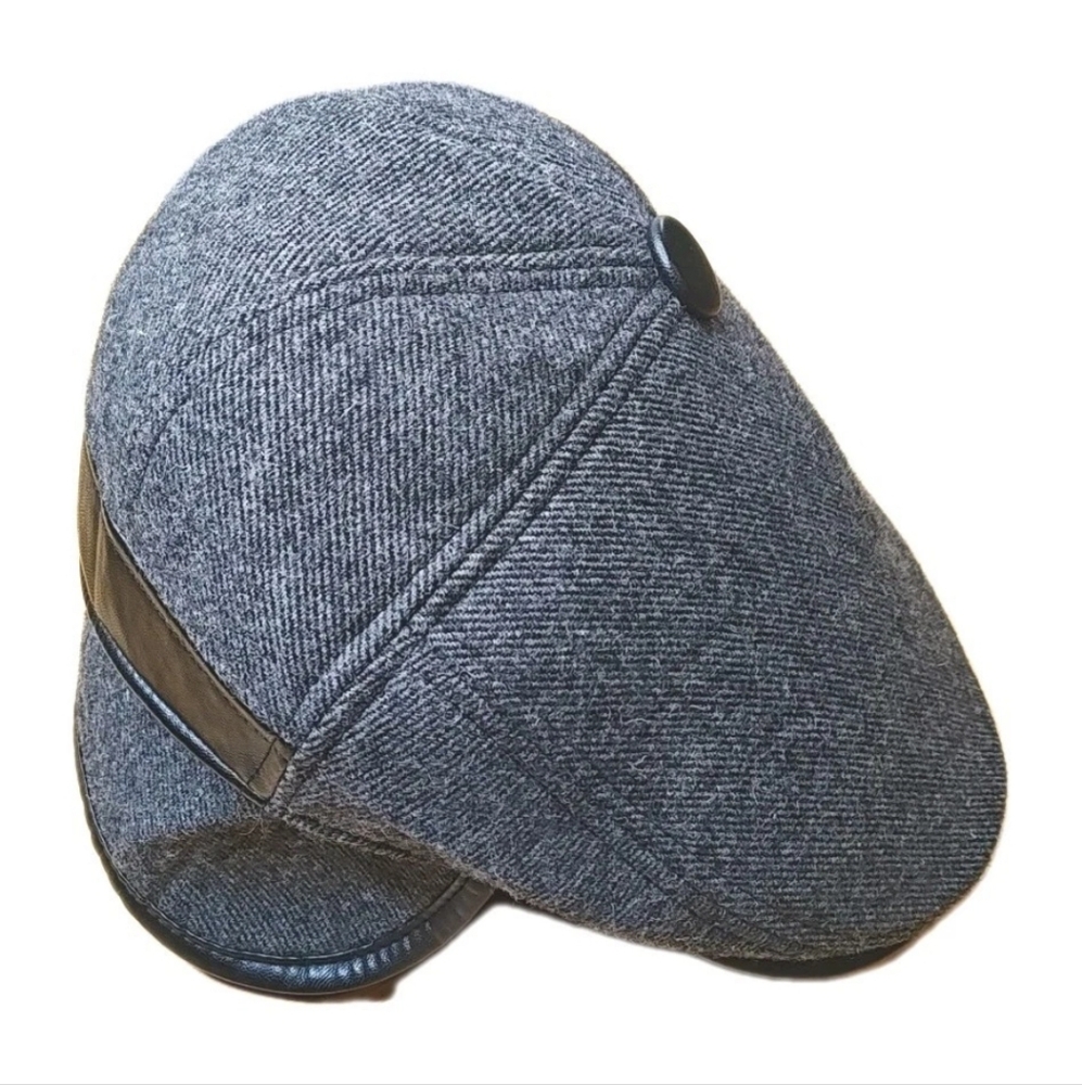 Vtg Siggi Wool Flat Cap Fold Out Ear Neck Flap Charcoal Gray Herringbone Winter